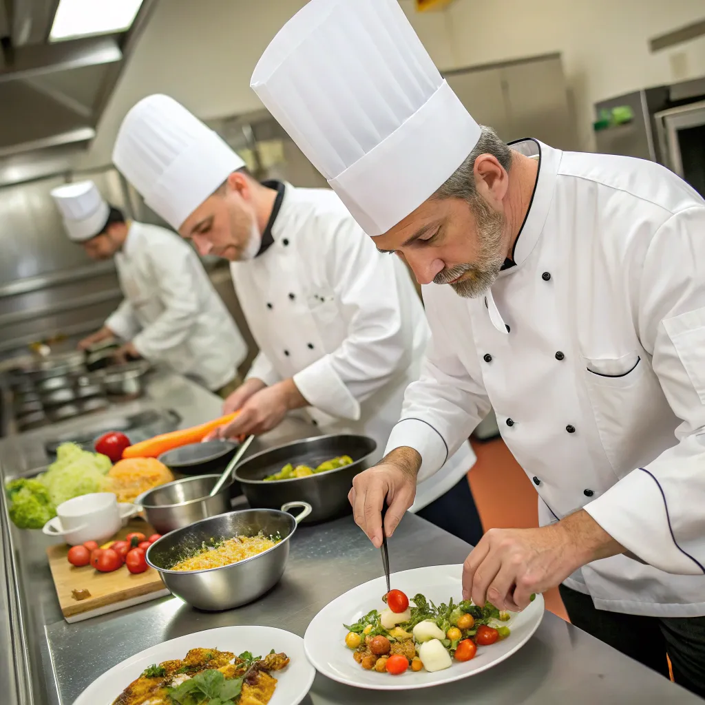 Professional chefs demonstrating cooking techniques